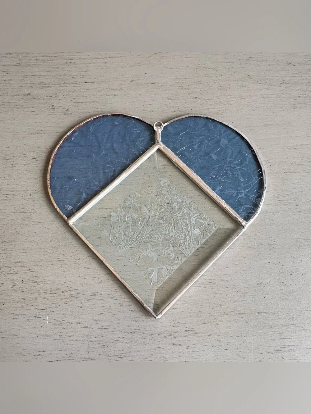 VTG Heart Stained Glass Suncatcher Art Handcrafted Hanging Home Decor Blue White